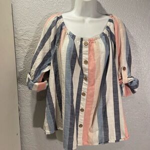 Striped Button-Front Peasant Top - Multicolor